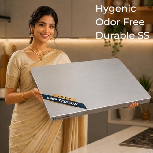 Image of OrganizeMee Stainless Steel 304 Fruit Chopping Cutting Board for Kitchen, Kitchen Metal Chopping Board for Vegetables Breads and Meats, Heavy Duty Safe (Platform Large 50X39CM)