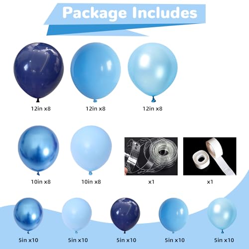HILAVO Blue Balloon Garland Arch Kit 12 Inch 90 Pcs Metallic Chrome Pearl Baby Light Dark Royal Blue Latex Balloons for Baby Shower Birthday Wedding Ocean Party Decorations