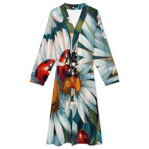 Ladybugs Daisy Flowers Soft Robe Long Sleeve Bathrobes V Neck Sleepwear Spa Robes with Belt Men Woman3