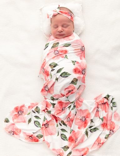 Image of Newborn Floral Print Blanket Baby Stretch Wrap Swaddle Receiving Blanket with Matching Headband and Name Card (Pink and Red)