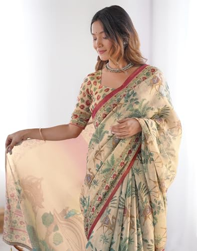 Image of SIRIL Women's Cotton Linen Kalamkari Printed Handloom Saree with Unstitched Blouse Piece