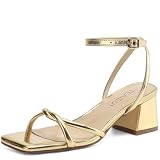 TEAIEUI Women's Sandals Gold Strappy Heels for Women Dressy Open Square Toe Comfort Chunky Block Heel Dress Shoes for Prom Party Wedding 7.5