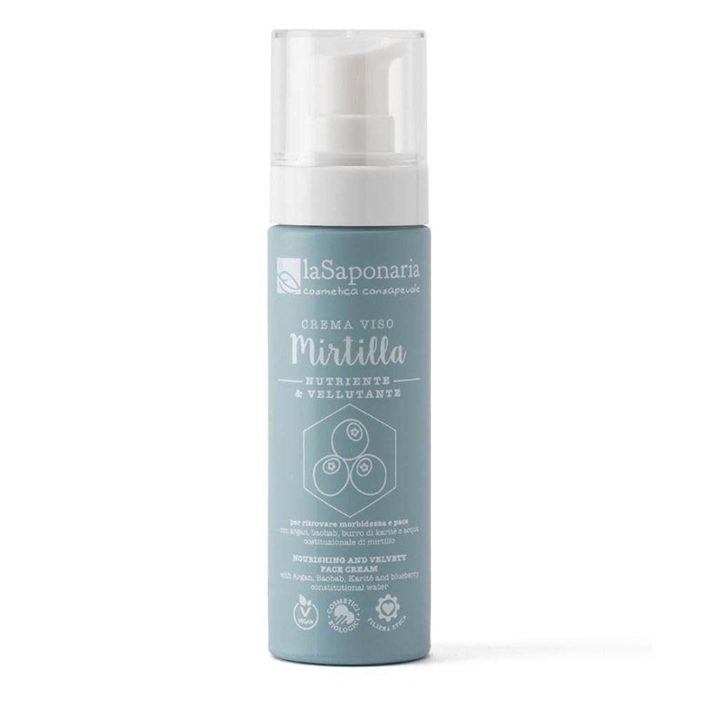 La Saponaria | Crema viso nutriente Mirtilla, Crema viso nutriente per rendere morbide anche le pelli più secche, 5 oli vegetali (Argan, Baobab, Jojoba, Extravergine di Oliva, Macadamia), 50ml