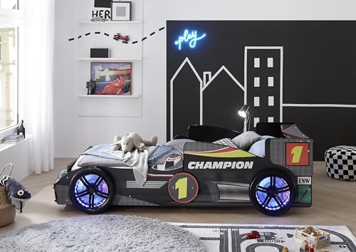 möbelando Autobett Rinum Schwarzes Hochglanz-Bett 90x200 cm mit Fotodruck & LED-Beleuchtung, Melamin, modern, zerlegt geliefert, ohne Matratze & Lattenrost, stylisch & robust - 106x64x220 (B/H/T).