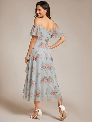 Image of Ever-Pretty Women's Summer Cold Shoulder Hi-Lo Asymmetrical Hem Flowy Chiffon Short Wedding Guest Dress 02103