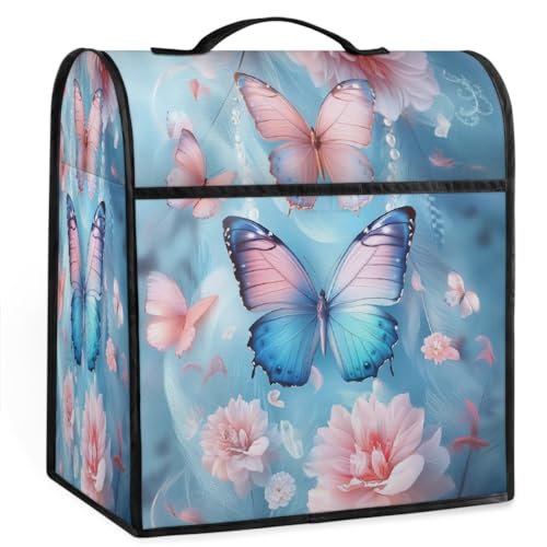 Mexpekil Funda para batidora de pie con diseño floral de mariposas rosadas y azules de 5 a 8 cuartos de galón, fundas antipolvo para electrodomésticos de cocina con asa superior y bolsillos