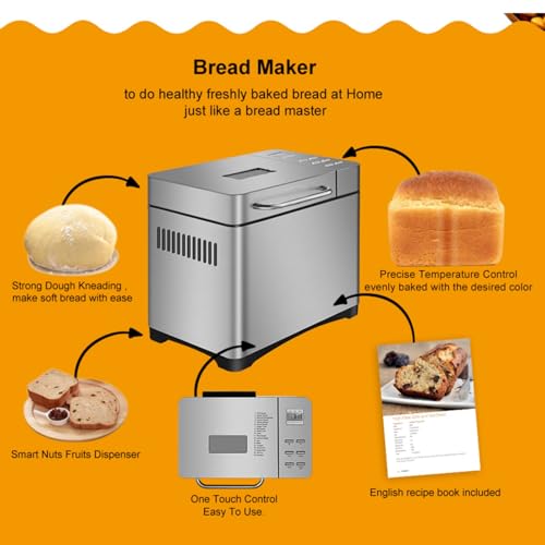 Konfiur 650W Brotbackautomat, Brotbackmaschine mit Frucht-Nuss-Spender und Timber, Edelstahl Bread Maker 19 Programme, 34 * 21 * 31cm Rosinen-Nussverteiler und Hefespender, Silber – Bild 6