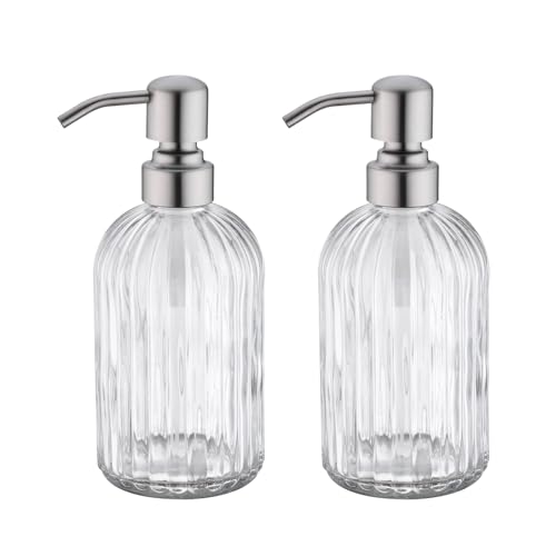 Image of Glass Soap Dispensers for Kitchen and Bathroom, 16oz Heavey Glass Bottle, Stainless Steel Brushed Nickel Pump,Clear Farmhouse Bathroom Soap Dispenser,2 Packs