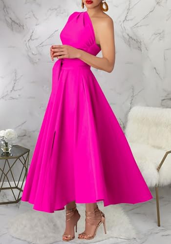 Women\'s Cocktail Dress Elegant One Shoulder Pleated Bodycon Solid Split Dresses Party Maxi Dress Pink