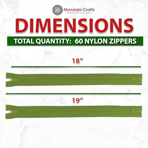 Image of Mandala Crafts 60 PCs Olive Green Closed-End 18 in Nylon Zippers for Sewing