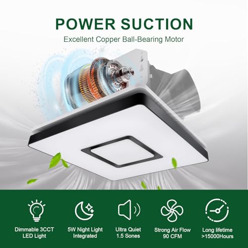 Ventilador extractor de baño Akicon con interruptor dimmer, 90 CFM, luz LED 15W 3CCT con luz nocturna 5W, cuadrado, blanco miniatura 2