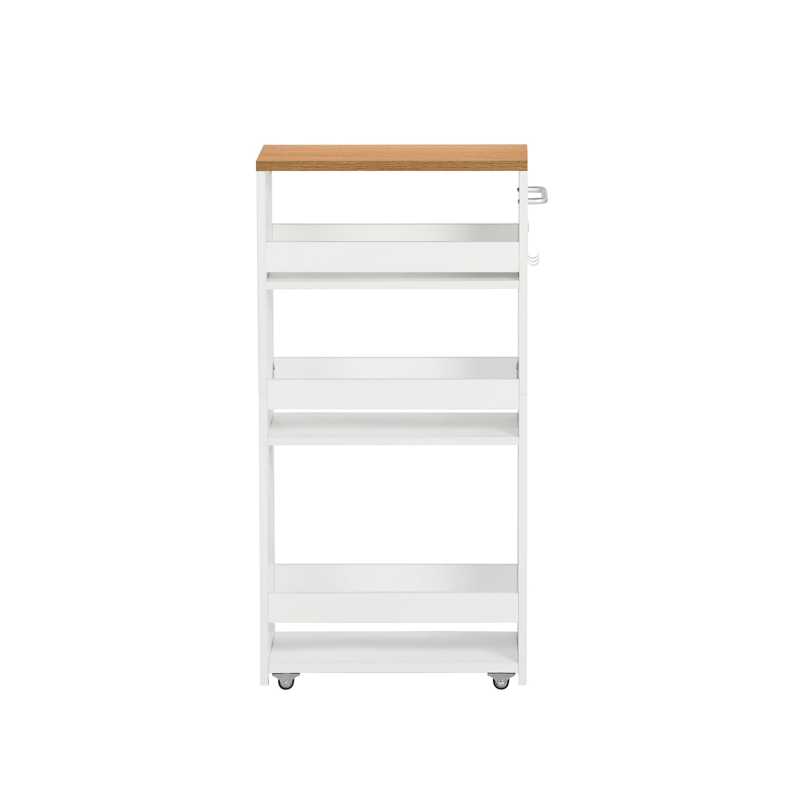 Carrello Stretto a 4 Ripiani, Carrellino da Cucina con Rotelle Maniglia e ganci, per Spazio Ridotto, 40x20x80 cm cm, Bagno, Lavanderia, Rovere Chiaro+Bianco
