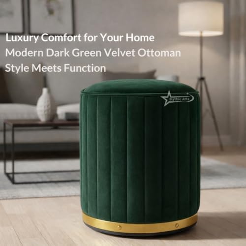 Image of Upholstered Round Linen Strip Stool Living Room Foot Rest Office Stool Pouf Ottoman Padded Seat - Green