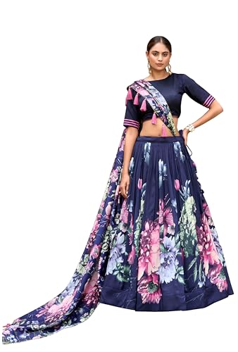 Image of TRENDMALLS Women's Jam Satin Flower Printed Semi-Stitched Lehenga Choli with Dupatta (L276-Blue-Semi-Stitch)