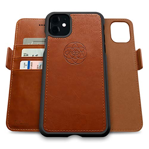 Image of dreem Fibonacci 2-in-1 Wallet Case for Apple iPhone 11 - Luxury Vegan Leather, Magnetic Detachable Shockproof Phone Case, RFID Card Protection, 2-Way Flip Stand - Caramel