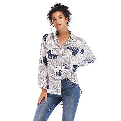 Women Loose Lapel Neck Shirts,Newspaper Print Blouse Long Sleeve Button Tops Blue