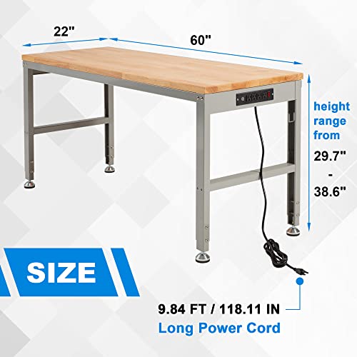 Ahb 60" Workbench Adjustable Height, Oak Wood Work Table With Power Outlets, Max 2000 Lbs, Heavy Duty Work Bench For Garage Party Shop Office Home(Grey 60"X 22") #TOP4