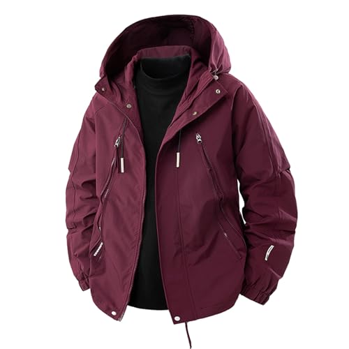 Chaqueta impermeable con capucha para hombre, rompevientos con múltiples bolsillos con cremallera, ajuste ajustable, ropa exterior casual para viajes, camping, ciclismo, rosso, XXL