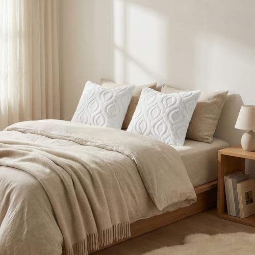 Image of decorUhome Fall Throw Pillow Covers 22x22 Inch Set of 2, Soft Plush Faux Wool White Solid Couch Pillow Covers, Accent Euro Sham Farmhouse Neutral Square Pillow Cases for Sofa Bed Living Room