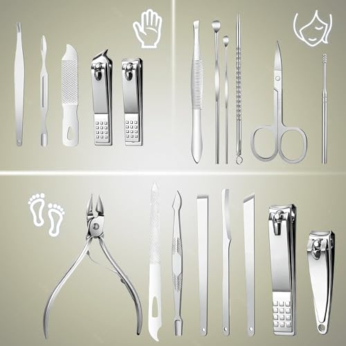 Image of DAINTY DEN Manicure & Pedicure Kit - Professional Stainless Steel Grooming Set with Nail Clippers, Cuticle Trimmer, Scissors & Tweezers - Travel-Ready Care Kit for Men & Women (12 IN 1)