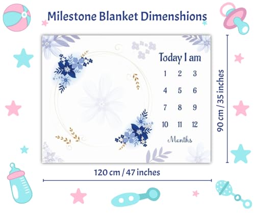 Image of Baby Monthly Milestone Blanket | 1-12 Months | Soft All-Season AC Blanket | Ideal for Newborn Boys & Girls | Perfect Growth Tracker & Photoshoot Prop with Blue Blossom | 120x90 cm