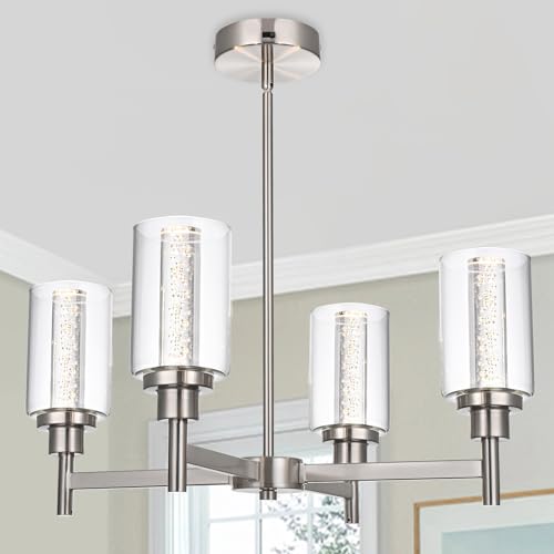 VINLUZ LED 4-Light Brushed Nickel Chandelier for Dining Room, Modern Farmhouse Chandelier with Clear...