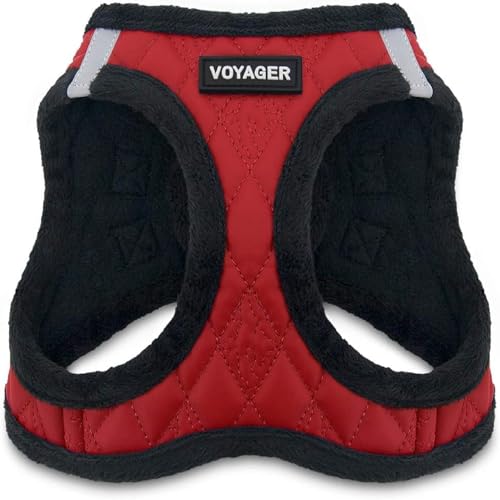 Image of Best Pet Supplies - All Weather Plush, Reflective, No Pull Harness for Small, Medium Dogs, Cats - Secure with Hook & Loop Fastener, Buckle, Double D-Rings - Red Faux Leather, S