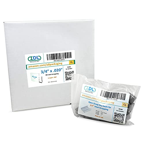 Image of IDL Packaging Refill for Portable 3 /4 inch Steel Strapping Kits for Packaging Strapping - 3 /4 inch x 200' Steel Strapping Coil in Self-Dispensed Cardboard Box and 100 of 3 /4 inch Open Seals