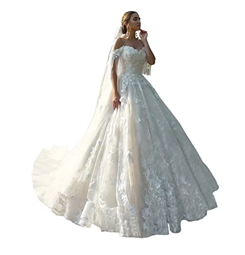 Mouccy Charming Beaded Lace Wedding Dresses for Bride Off Shoulder Bridal Gowns with Train Long Tulle Wedding Ball Gowns