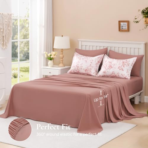 Image of Andency Floral Comforter Queen Set, 7 Pieces Pink Rose Flower Bedding Set