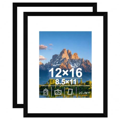 Image of JCJMY 12x16 Picture Frame Set of 2 with 8.5x11 Mat, Black 12 x 16 Poster Frames with Shatter Resistant Plexiglass, Display 8.5 x 11 with Mat or 12 by 16 Without Mat, Sturdy Wall Hanging Frame, 2 Pack
