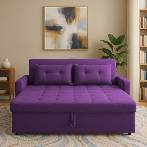 Image of Emilio 2-Seater Sofa Cum Bed for Living Room, Office & Home | Premium Fabric Pull-Out Sofa Set with 1 Year Warranty | Space Saving Convertible Sleeper Sofa for Guests & Daily Use | Purple