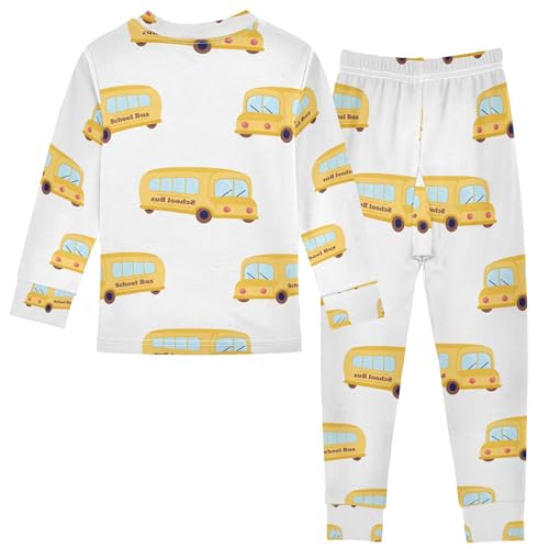 Cartoon School Bus White Pajama Sets Long Sleeve Top with Pants Cotton Soft Sleepwear 2 Piece Pjs Set, 8 Years Old2