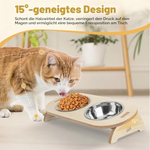 OWill Katzennapf Erhöht, 15° Erhöhte mit Geneigtem Ständer, 2 Katzennapf aus Edelstahl, Futternapf Katze mit Holzständer für Katzen und Welpen