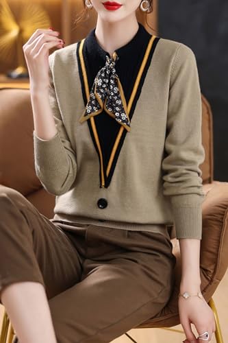 Image of LAI MENG FIVE CATS Women's Fall Tie Neck Sweater Shirt Long Sleeve Patchwork Knit Retro Pullover Tops
