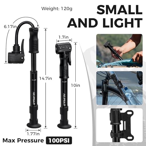 image for NUWAB Mini Bike Pump with Gauge, 10 Inch Portable Hand Bicycle Pump, 1