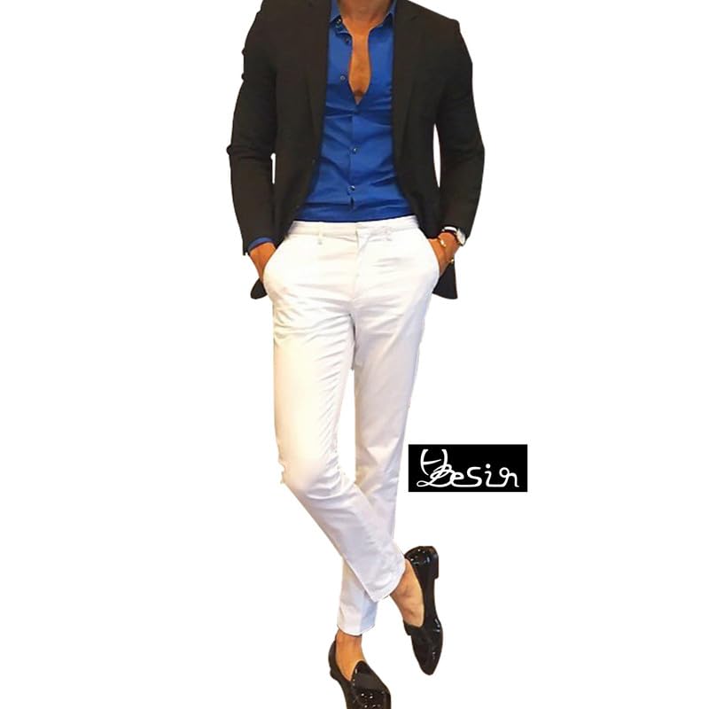 HBDesign Mens Casual Slim Fit Flat Front Straight Iron Free Trousers White2