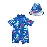 Digirlsor Baby Boys One Piece Swimsuit Dinosaur Rash Guard Shirt Short Sleeve Zipper Swimwear Bathing Suit with Hat Blue, 9-12 Months