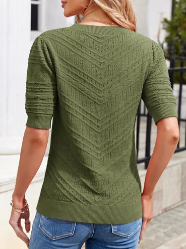 Image of Womens Puff Short Sleeve Sweater Summer Crew Neck Ribbed Knit Pullover Tops