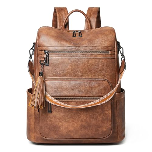 Shrrie 15,6 Zoll Laptop-Rucksack für Damen – Großer Reiserucksack aus Leder, wasserabweisend, für Freizeit, Uni, Arbeit, Handgepäck-Zweifarbiges Braun