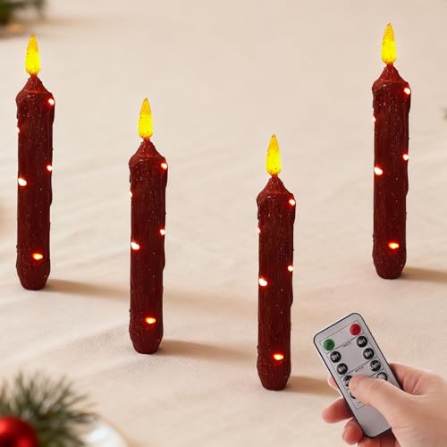 Image of 6.5 Inches Primitive Real Wax LED Flameless Red Short Candlesticks Hand Dipped Battery Operated Candles with Timer Remote Candles for Christmas Vintage Rustic Home Decor, Pack of 4(Red)