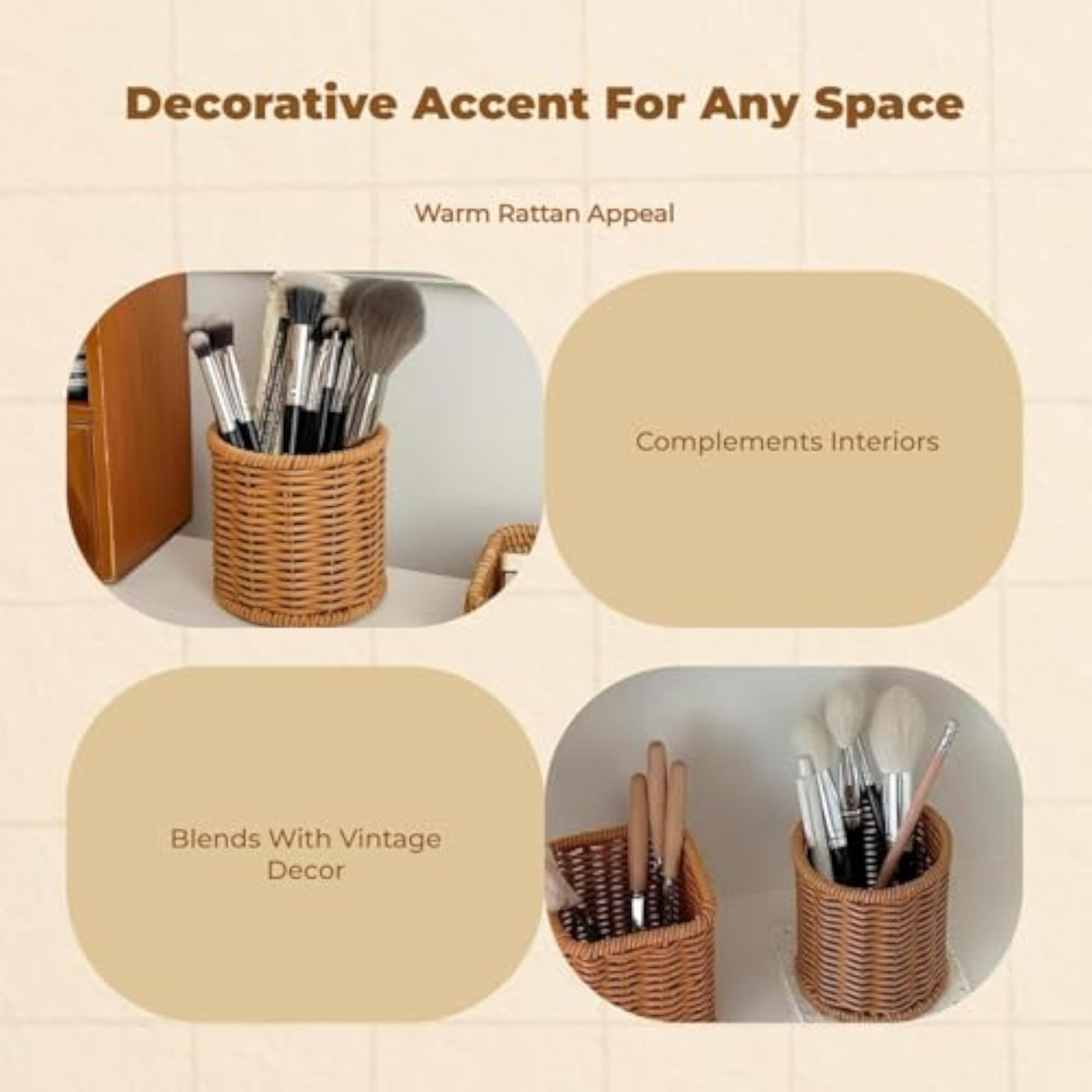 Rattan Makeup Brush Holder, Vintage Organizer