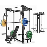 Mikolo Folding Squat Rack, Wall Mounted Power Rack with Cable Crossover Machine & LAT Pull Down, Functional Trainer with 5 Adjustable Function Modes, Upgraded Home Gym Package(Black)