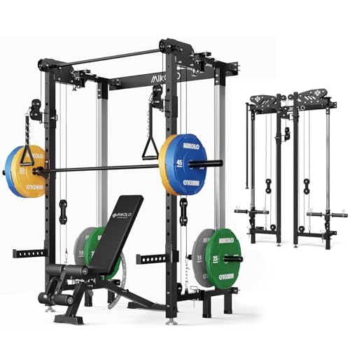 Image of Mikolo Folding Squat Rack, Wall Mounted Power Rack with Cable Crossover Machine & LAT Pull Down, Functional Trainer with 5 Adjustable Function Modes, Home Gym Package