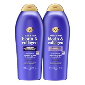 OGX Shampoo and Conditioner Set, Thick and Full + Biotin and Collagen, Purple, Helps Thicken and Texturize Hair, Ideal for Flat to Medium Volume Hair, 25.4 FL OZ, 2 Pack