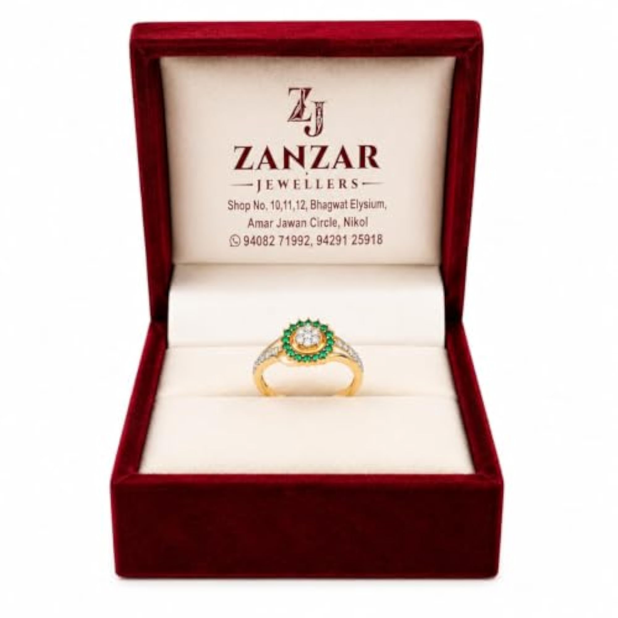 Gold-Tone Ring with Emerald Halo and Diamond Cluster