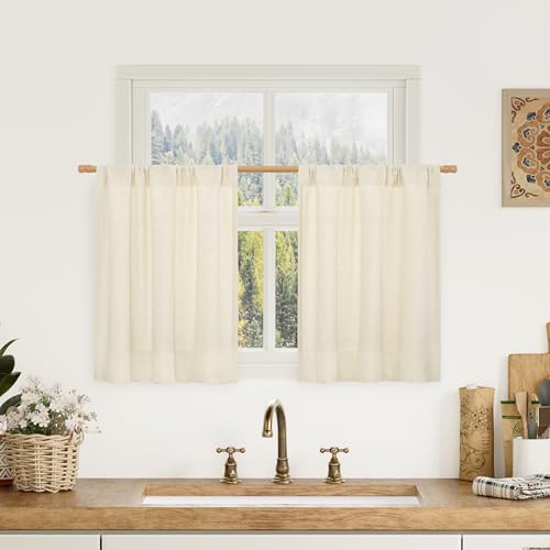 Image of LAMIT Light Beige Linen Curtains 24 Inches Long for Small Windows 2 Panels
