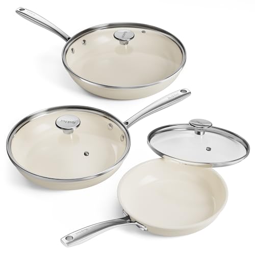 Redchef Pfannenset Keramik Induktion 6-teiliges, Antihaft Bratpfannen 20 24 28 cm mit Deckel für alle Herdarten, Edelstahlgriff, PTFE-frei PFAS-frei PFOA-frei, Backofenfest, Spülmaschinenfest (beige)