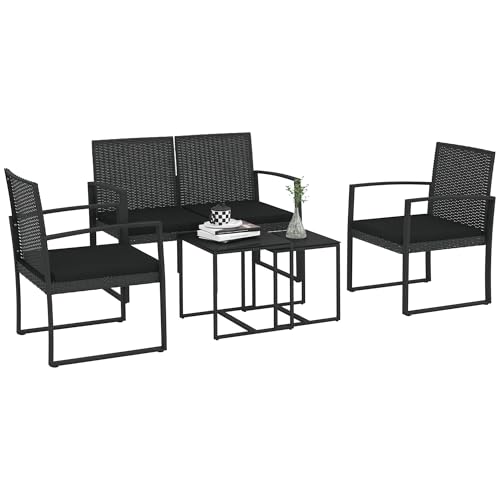 Outsunny Set da Giardino 5 Pezzi con 2 Sedie, Divanetto e 2 Tavolini, Set Mobili da Giardino Sedute con Cuscini e Piano del Tavolo in Vetro, Nero