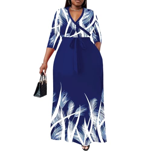 Image of Nmoder Plus Size Maxi Dress for Women - Summer Casual 3 /4 Sleeve Floral Flowy Long Dress with Belt XL- 6XL